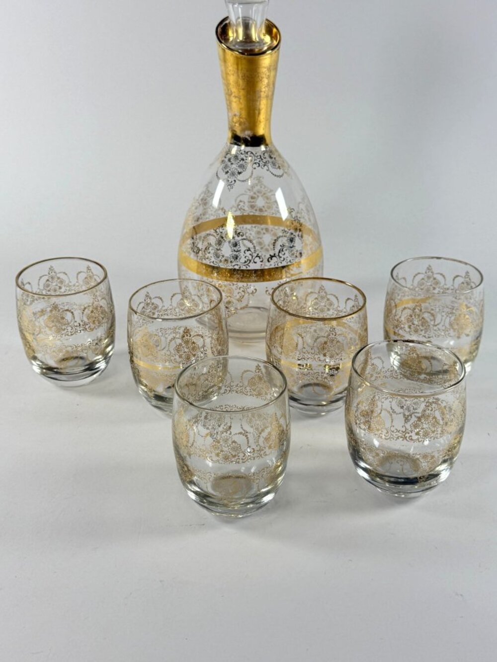 Vintage MCM 1960's-1970's Gold Filigree Decanter w/6 Cocktail Glasses Barware